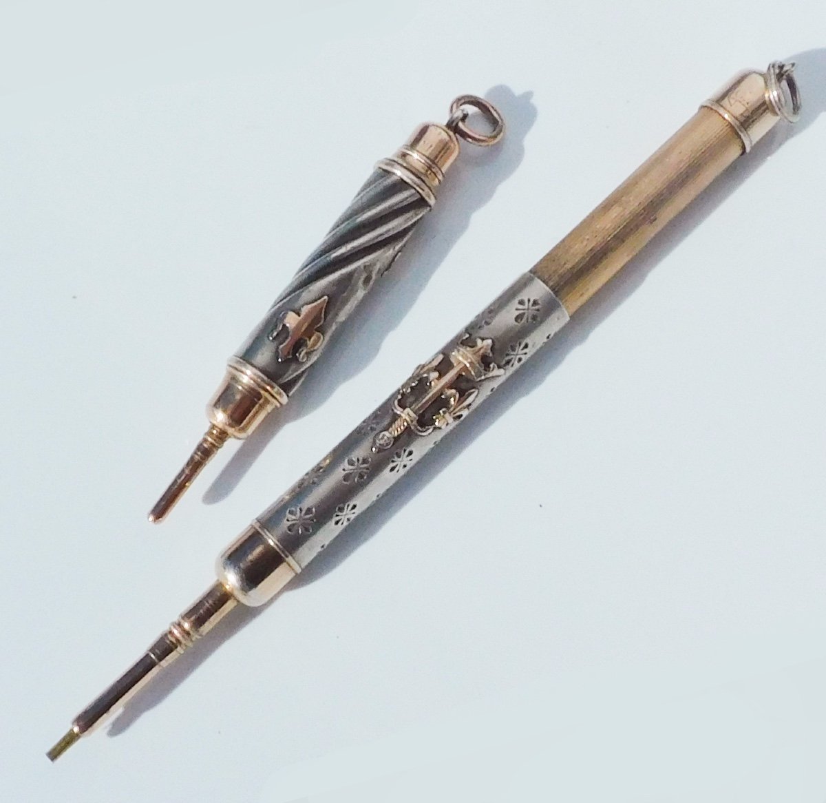 Set Of 2 Antique Retractable Pencil Holders Solid Silver Vermeil Chatelaine Late 19th Century-photo-3