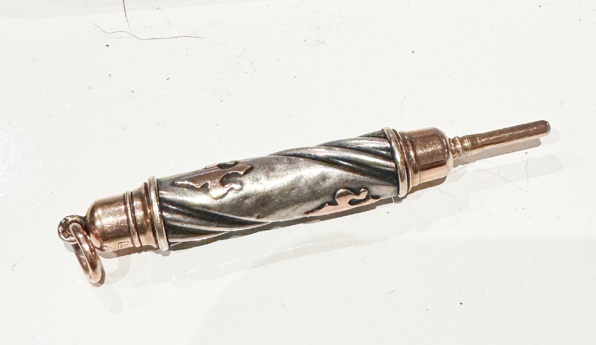 Set Of 2 Antique Retractable Pencil Holders Solid Silver Vermeil Chatelaine Late 19th Century-photo-2