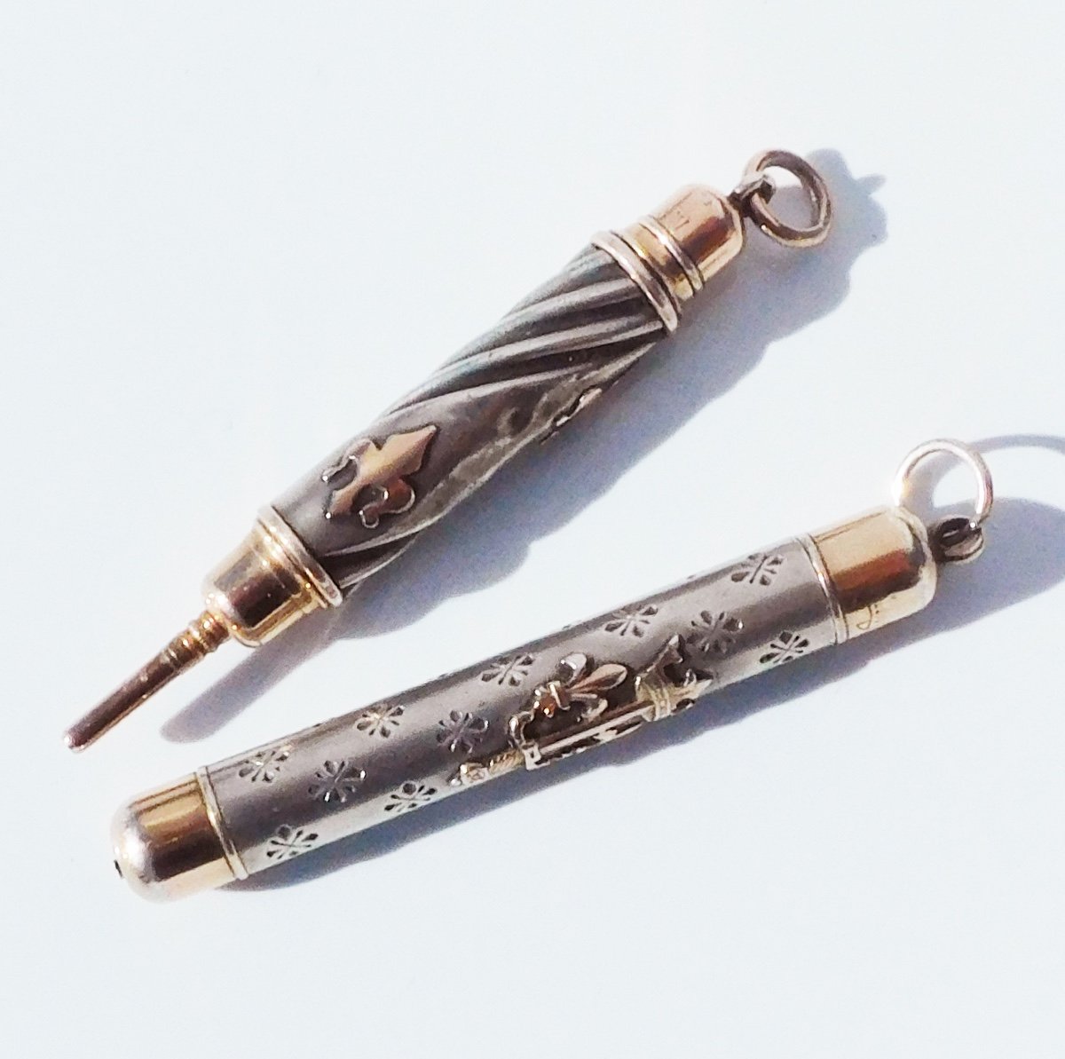 Set Of 2 Antique Retractable Pencil Holders Solid Silver Vermeil Chatelaine Late 19th Century