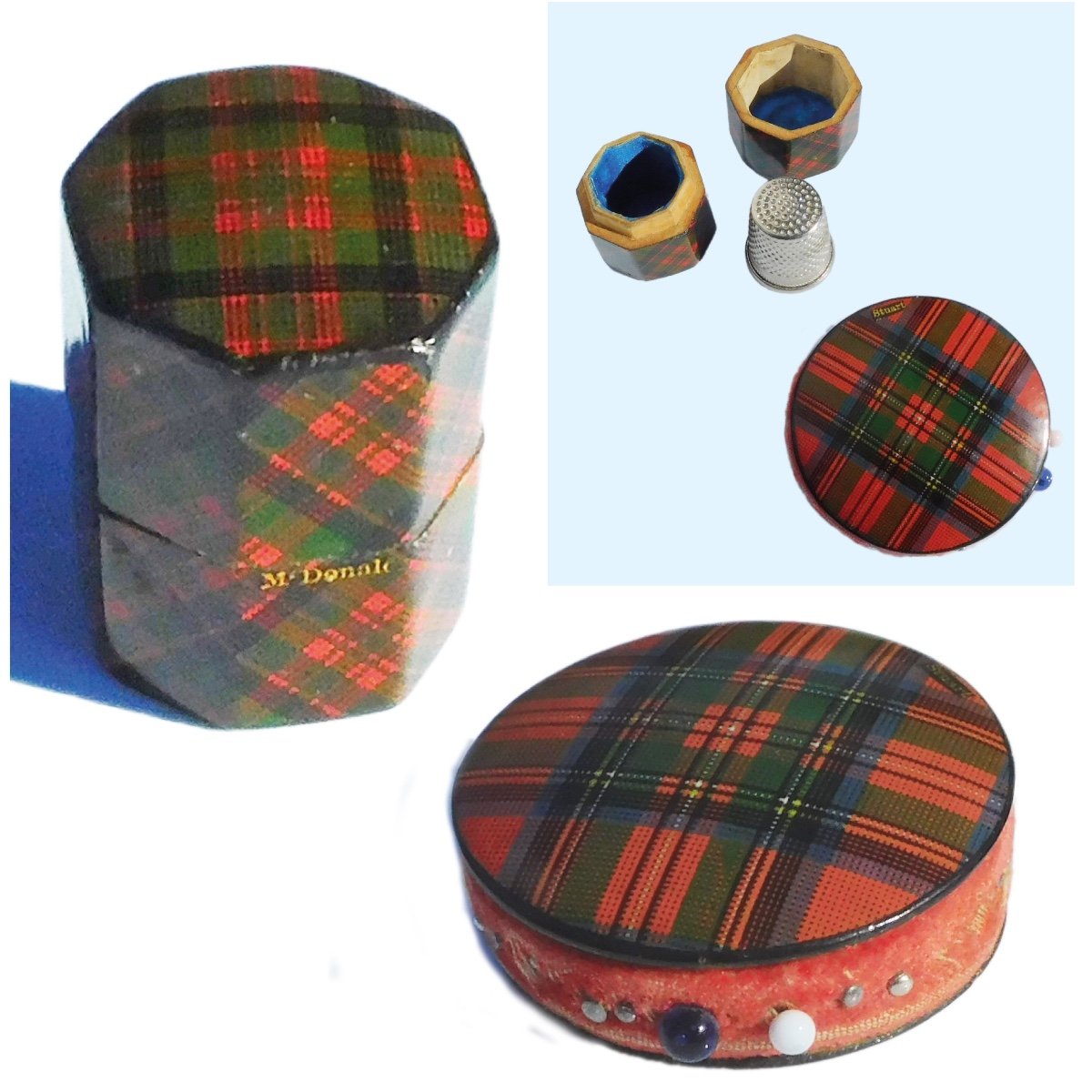 Pique à aiguilles épingle aiguilles  Et Porte Dé à Coudre Tartan ware  XIXe nécessaire couture