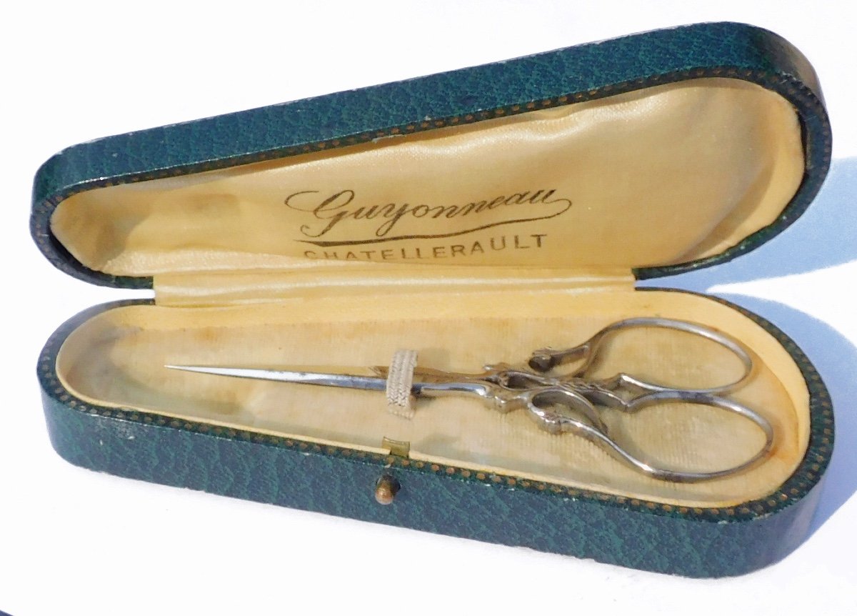 Box Case Pair Of Steel Lace Scissors Chatellerault Signed Late 19th Early 20th Century-photo-2