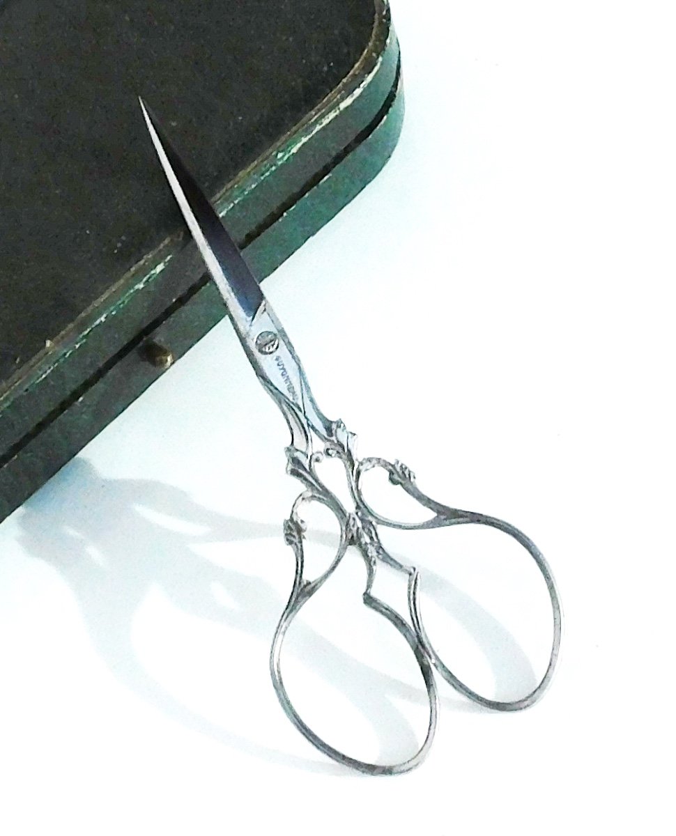 Box Case Pair Of Steel Lace Scissors Chatellerault Signed Late 19th Early 20th Century-photo-3