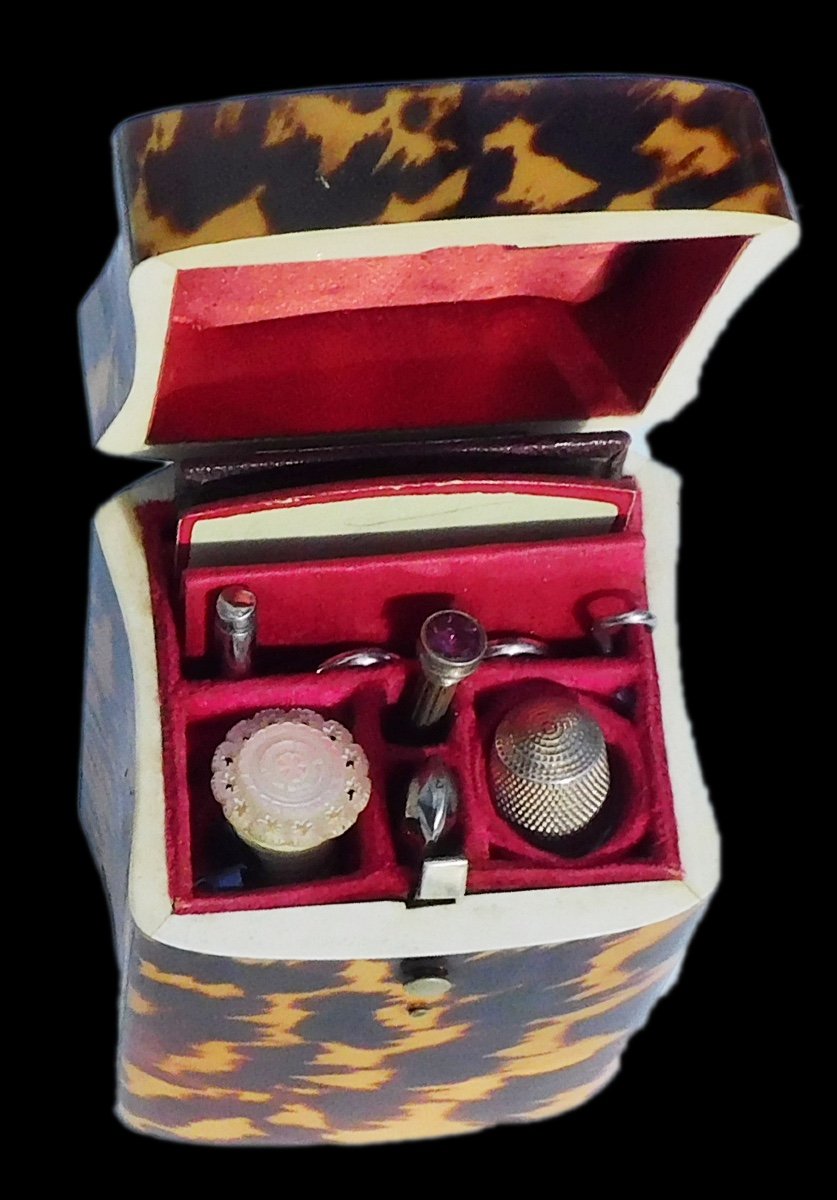 Antique 19th Century Travel Sewing Kit Set Tortoiseshell Style Thimble Scissors Needle Case-photo-2