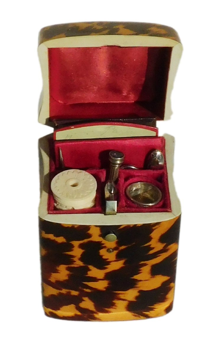 Antique 19th Century Travel Sewing Kit Set Tortoiseshell Style Thimble Scissors Needle Case-photo-2