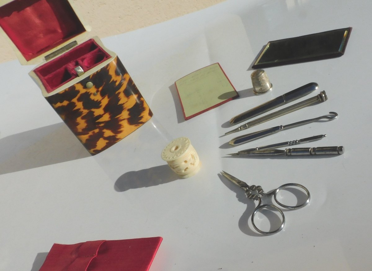 Antique 19th Century Travel Sewing Kit Set Tortoiseshell Style Thimble Scissors Needle Case-photo-5