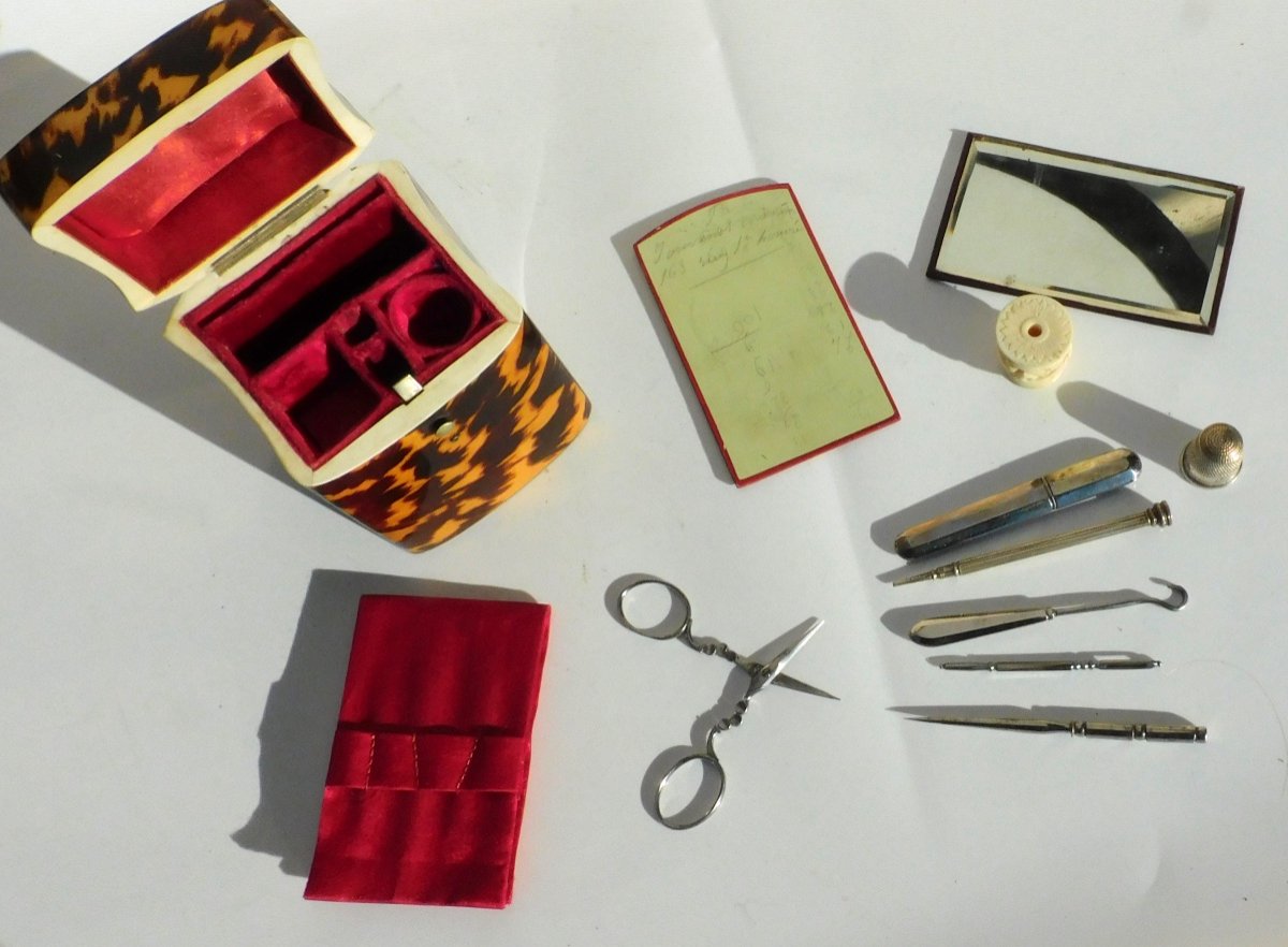 Antique 19th Century Travel Sewing Kit Set Tortoiseshell Style Thimble Scissors Needle Case-photo-6