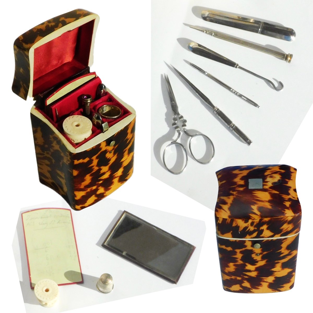 Antique 19th Century Travel Sewing Kit Set Tortoiseshell Style Thimble Scissors Needle Case