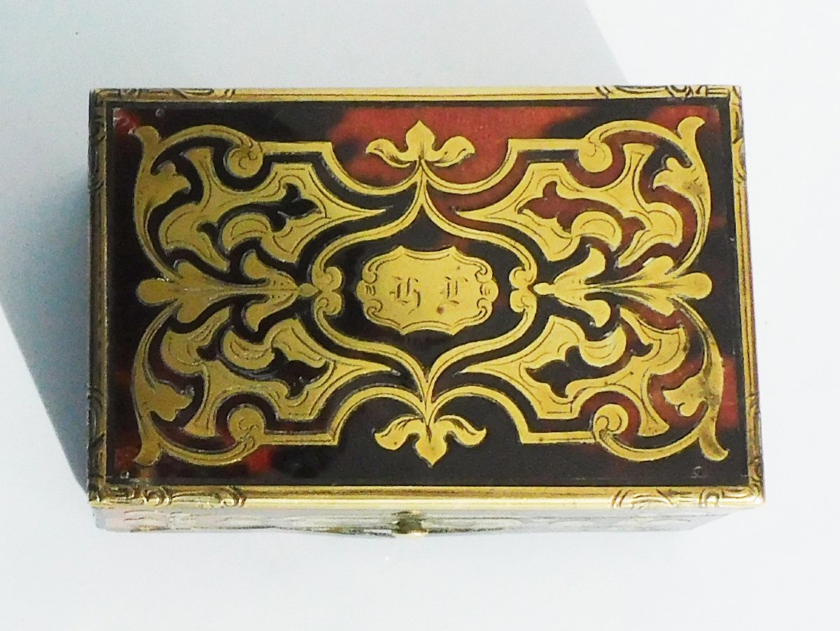 Small 19th Century Marquetry Box With Boulle Napoleon III Stamps -photo-3