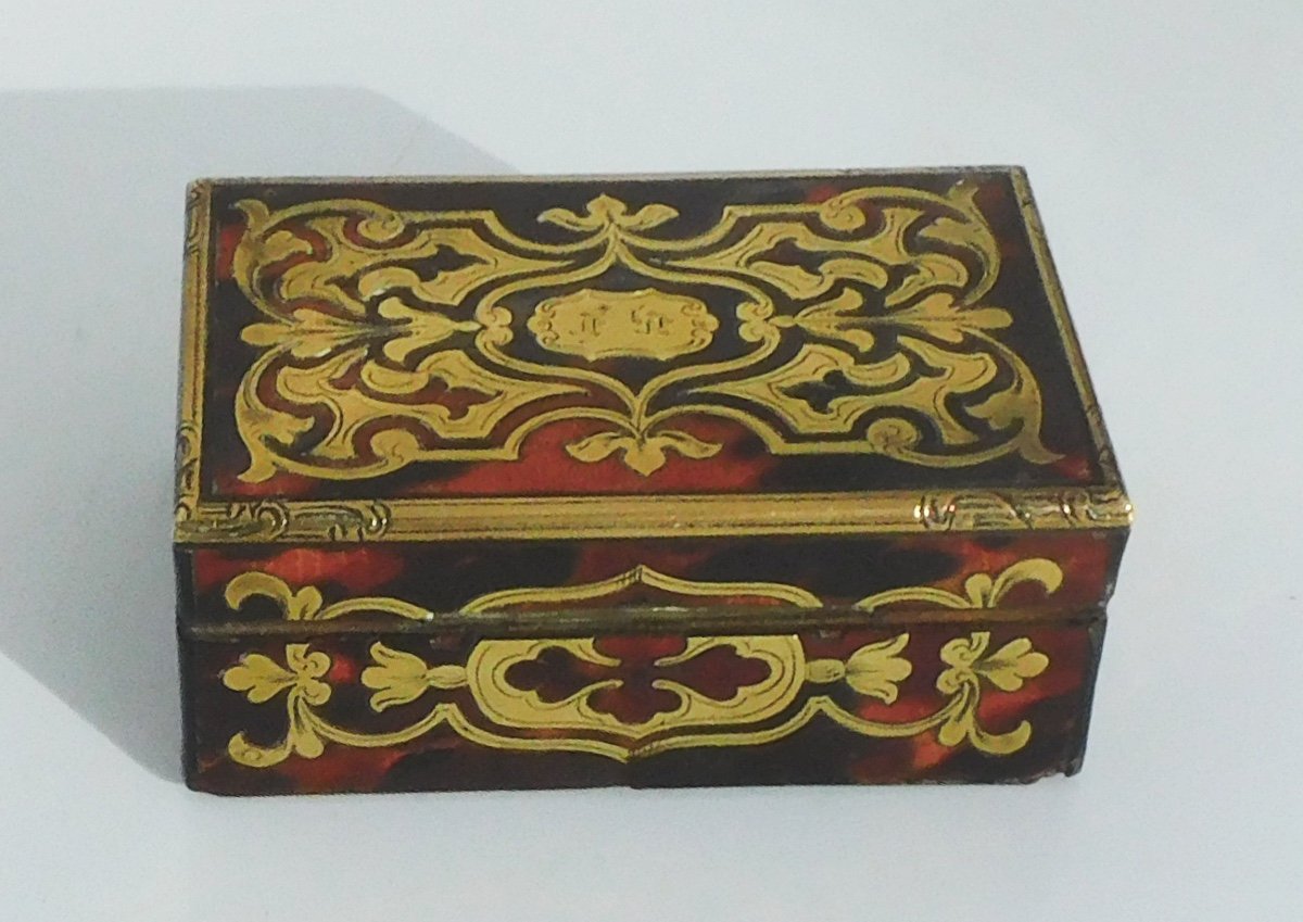 Small 19th Century Marquetry Box With Boulle Napoleon III Stamps -photo-1