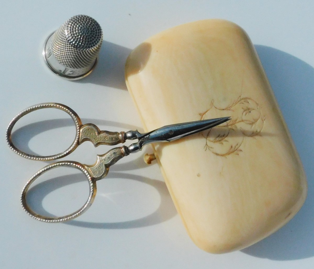 19th Century Silver Sewing Kit Little Monster Scissors Thimble Ivory Case -photo-2