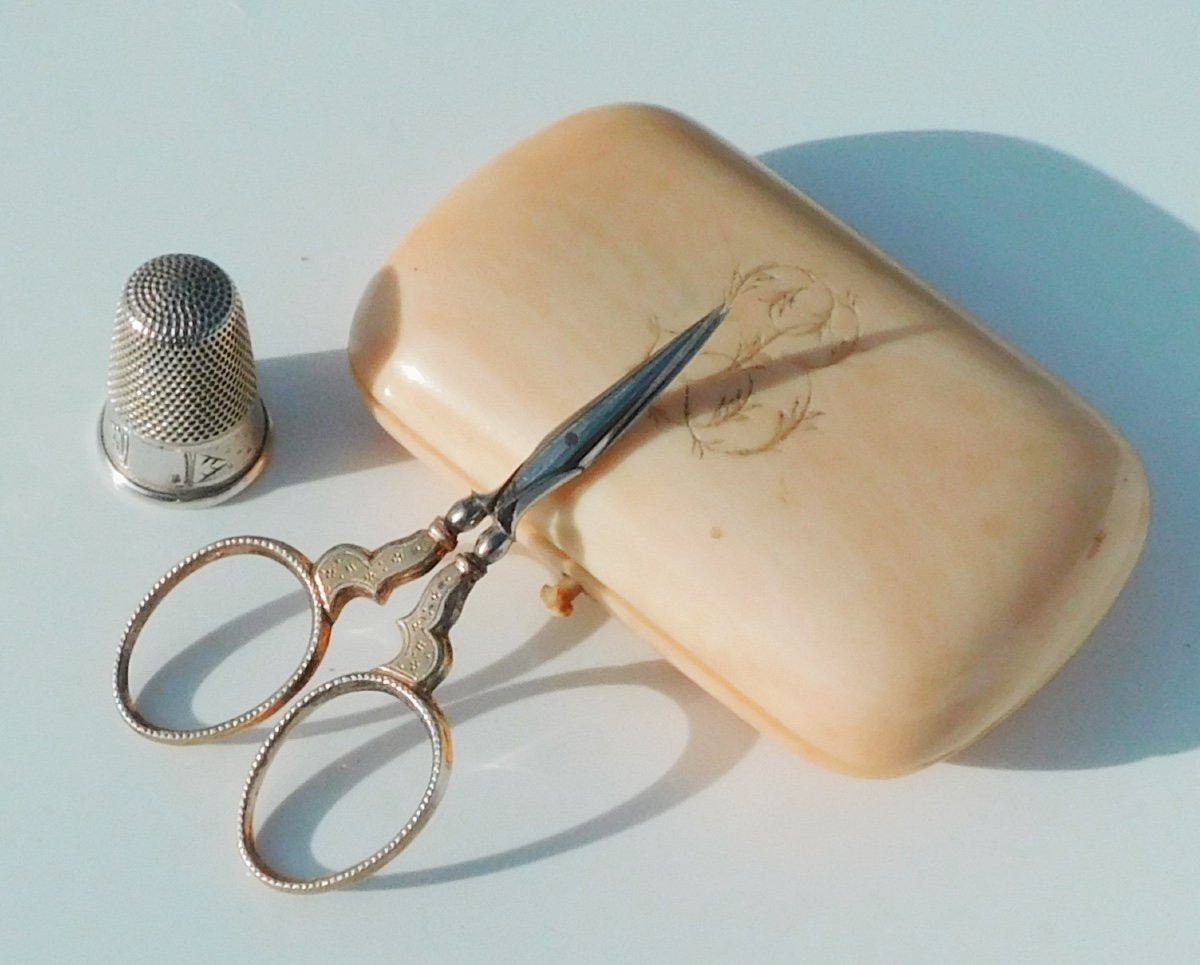 19th Century Silver Sewing Kit Little Monster Scissors Thimble Ivory Case -photo-3