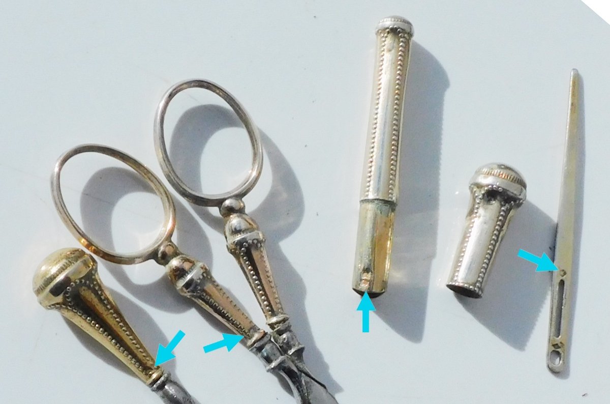 Small Sewing Kit Embroidery Silver Vermeil Scissors Thimble Case Needles-photo-3