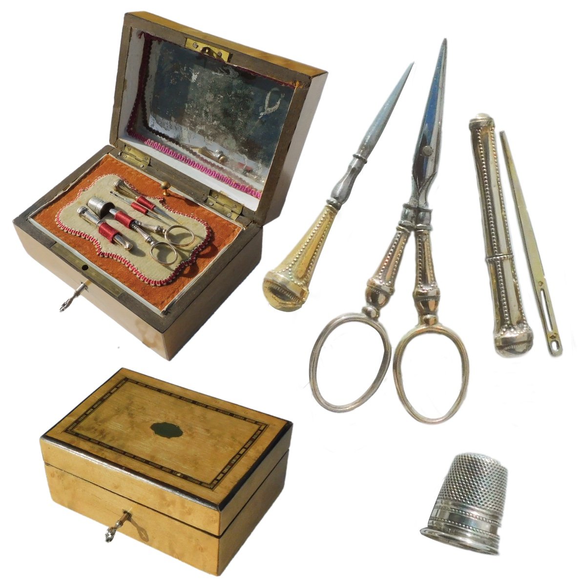 Small Sewing Kit Embroidery Silver Vermeil Scissors Thimble Case Needles