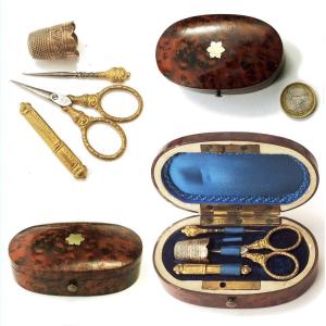 Miniature Sewing Kit Inlaid Wood Box Magnifier Nineteenth