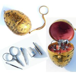 Miniature Steel Sewing Kit In A Golden Metal Egg-shaped Box