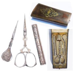 Damascene Steel Sewing Kit Scissors Case Needle Thimble 19th Century