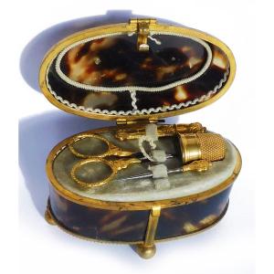 19th Century Brass Tortoise Shell Sewing Kit Scissors Thimble Needle Case Pompom