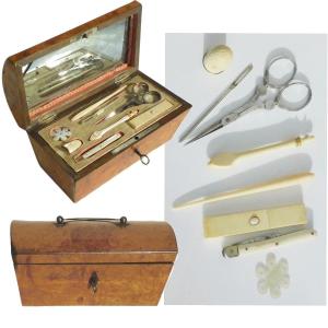 Boite Coffret Nécessaire De Couture XIXe Restauration Ciseaux Aciers Outils Os  Ivoire