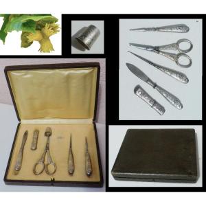 Antique Sewing Kit Silver Metal Early 20th Century Scissors Needle Case