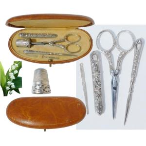 Antique Silver Art Nouveau Sewing Kit Lily Of The Valley Scissors Thimble Awl 