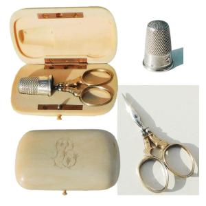 19th Century Silver Sewing Kit Little Monster Scissors Thimble Ivory Case 