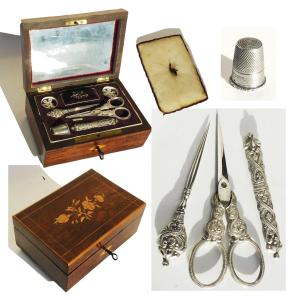 Coffret Marquetté Nécessaire De Couture En Argent Massif Charles X Ciseaux Dé à Coudre étui 