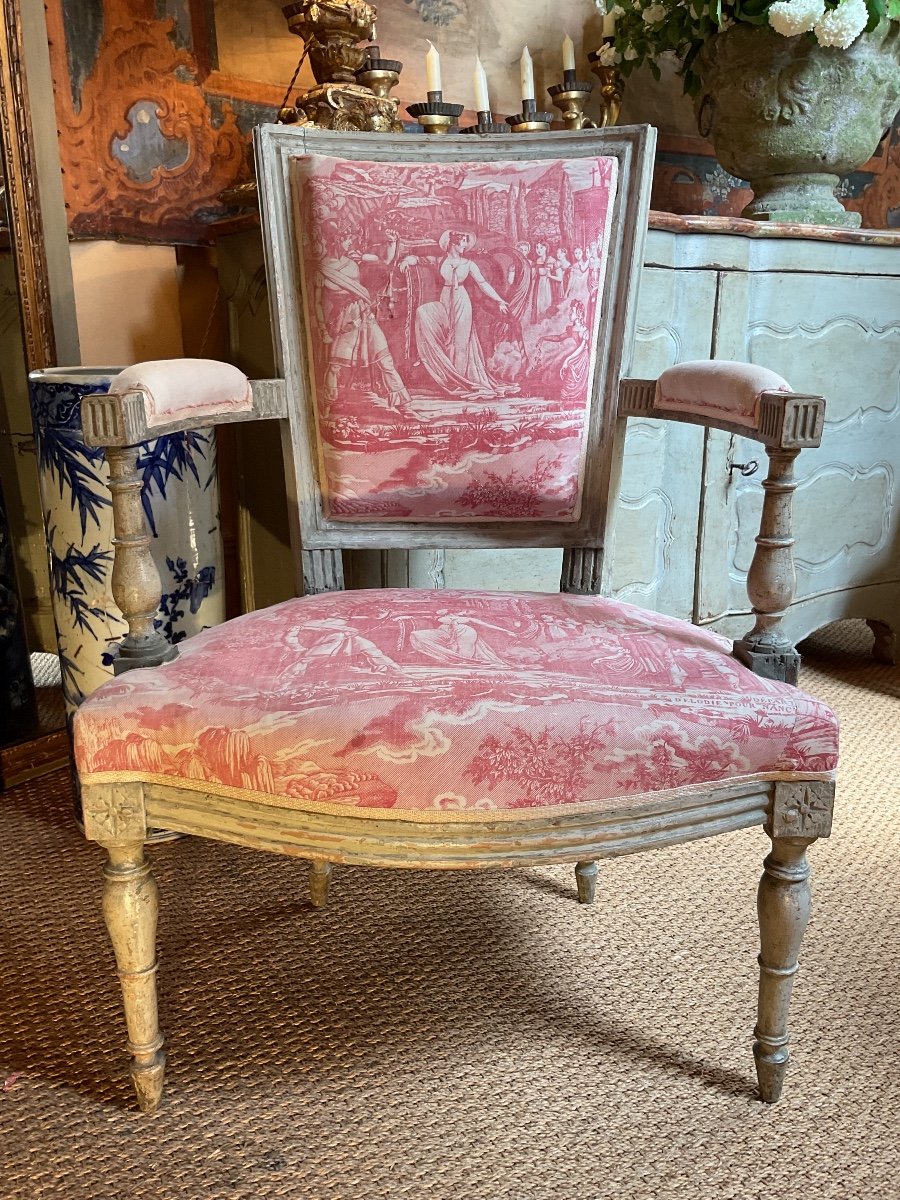 Directoire Period Painted Cabriolet Covered With Toile De Jouy