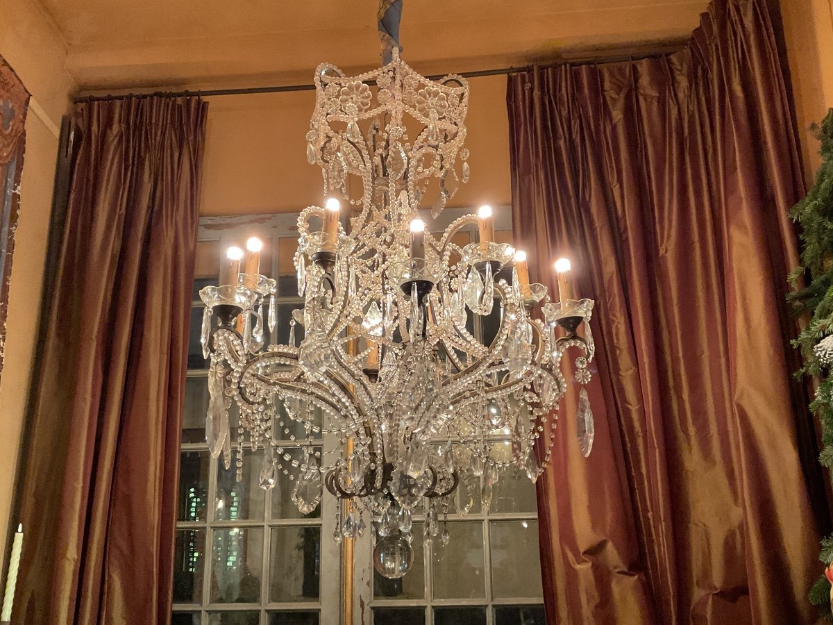 Italian Glass And Crystal Chandelier With 12 Lights And 2 Floors Late 19th Century (bead Work)-photo-2