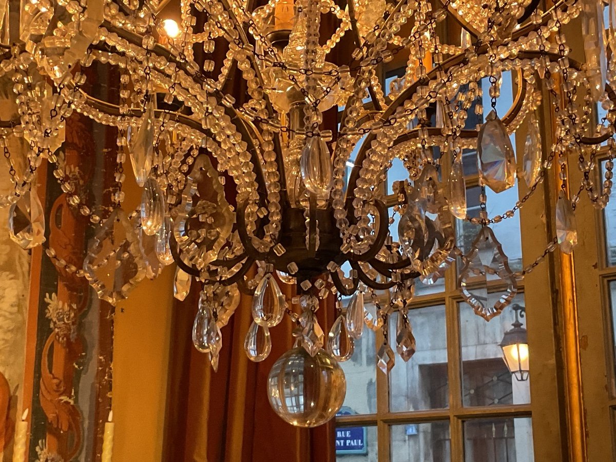 Italian Glass And Crystal Chandelier With 12 Lights And 2 Floors Late 19th Century (bead Work)-photo-3