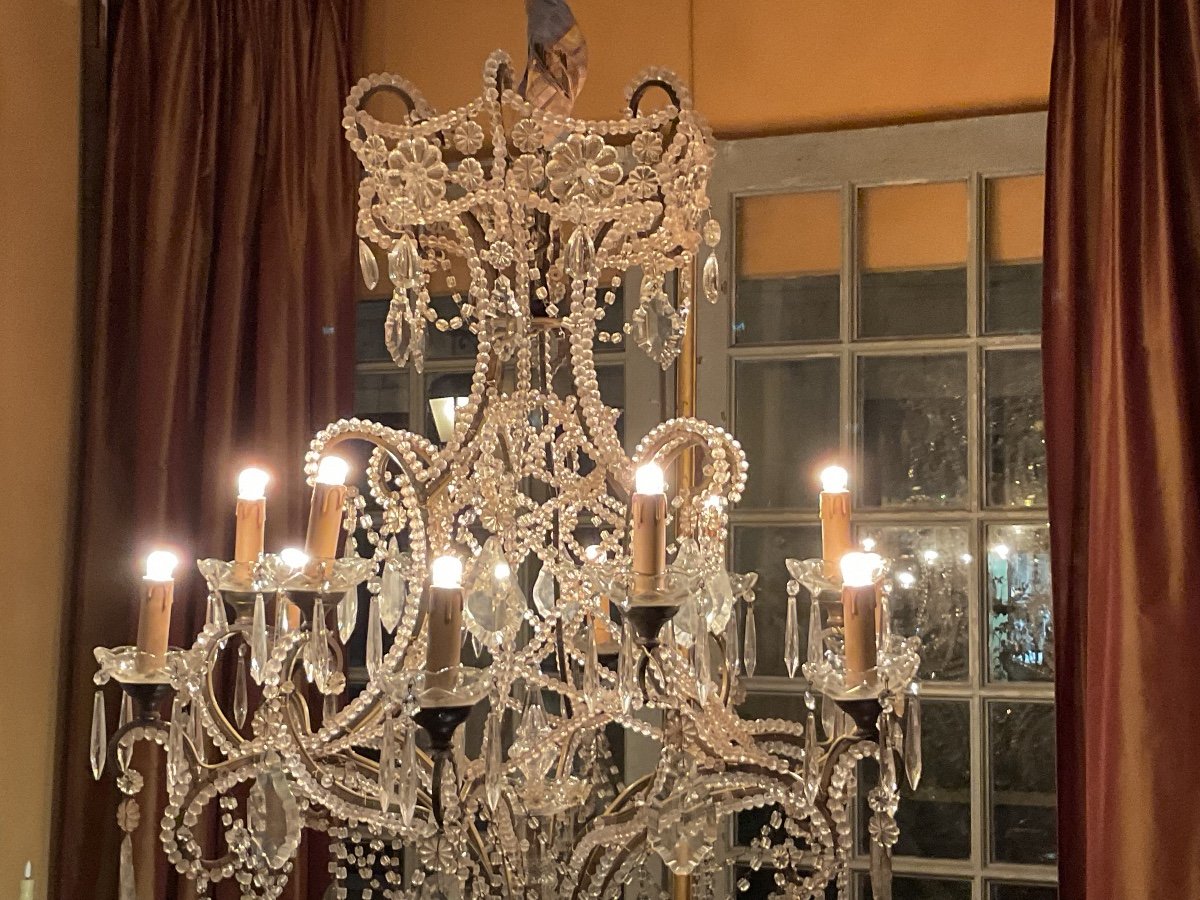 Italian Glass And Crystal Chandelier With 12 Lights And 2 Floors Late 19th Century (bead Work)-photo-4