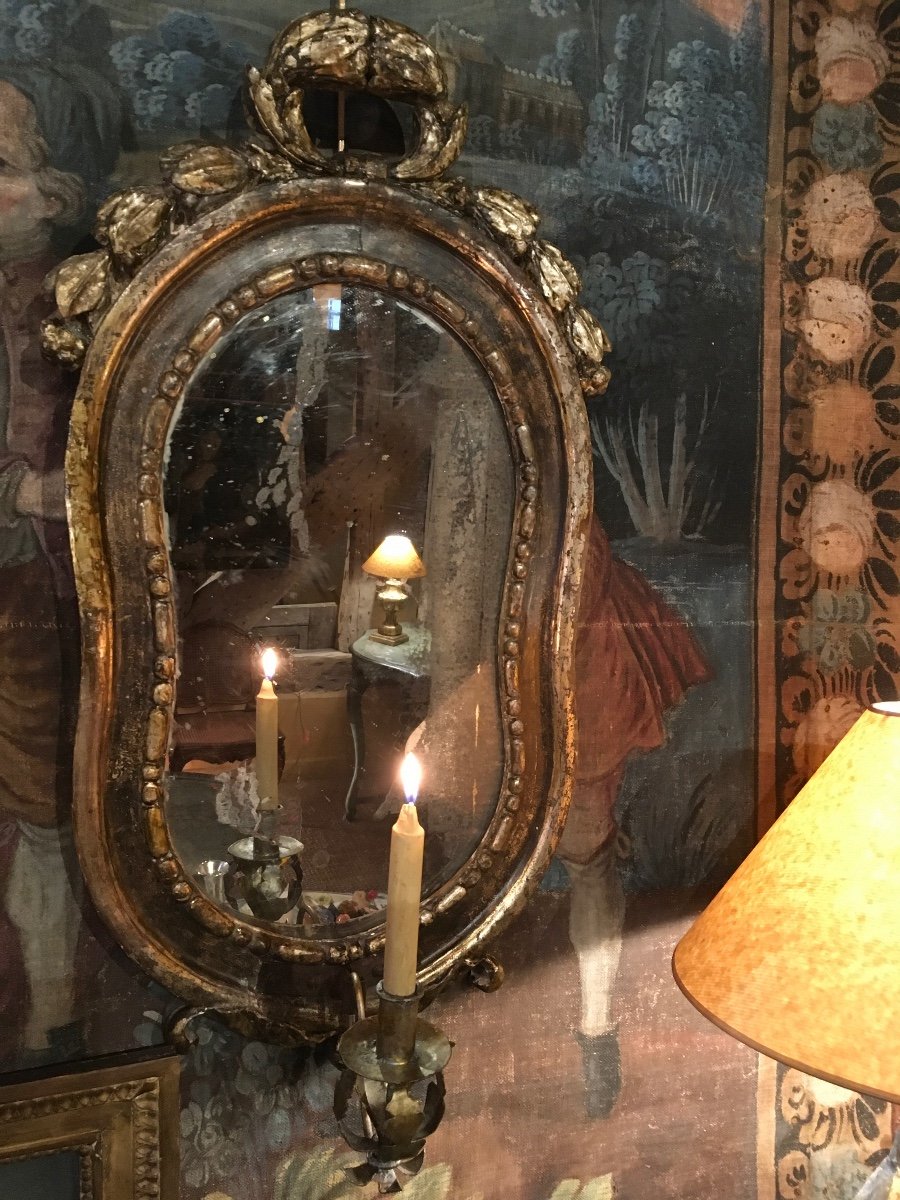 Pair Of Italian Mirrors In Carved Wood 18th With Their Arm Of Light And Their Silvering-photo-3