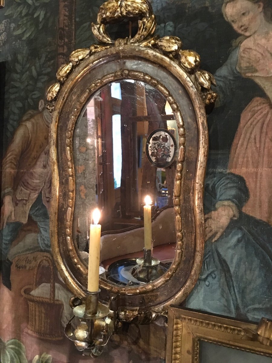 Pair Of Italian Mirrors In Carved Wood 18th With Their Arm Of Light And Their Silvering-photo-4