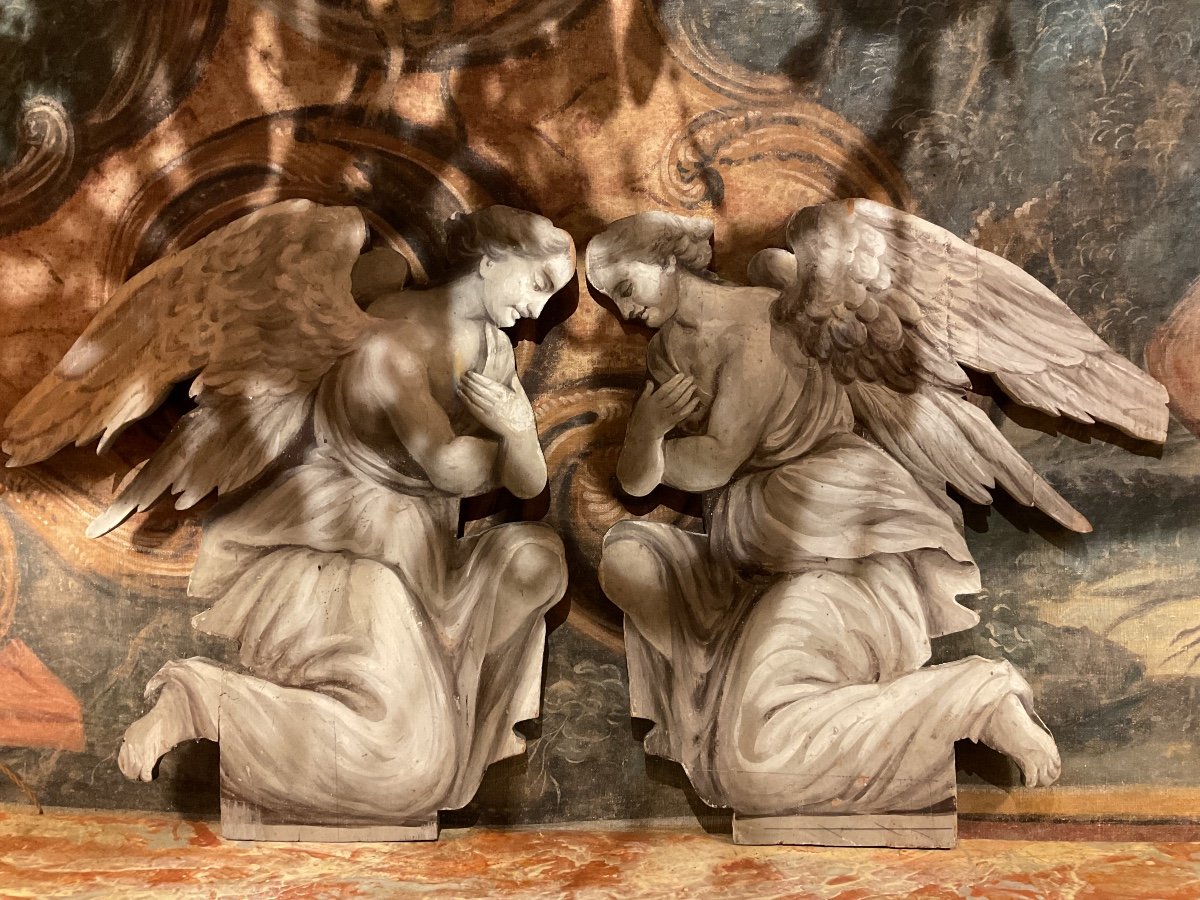 Silhouettes Pair Of Angels In Carved Wood Painted Trompe l'Oeil 20th -photo-4