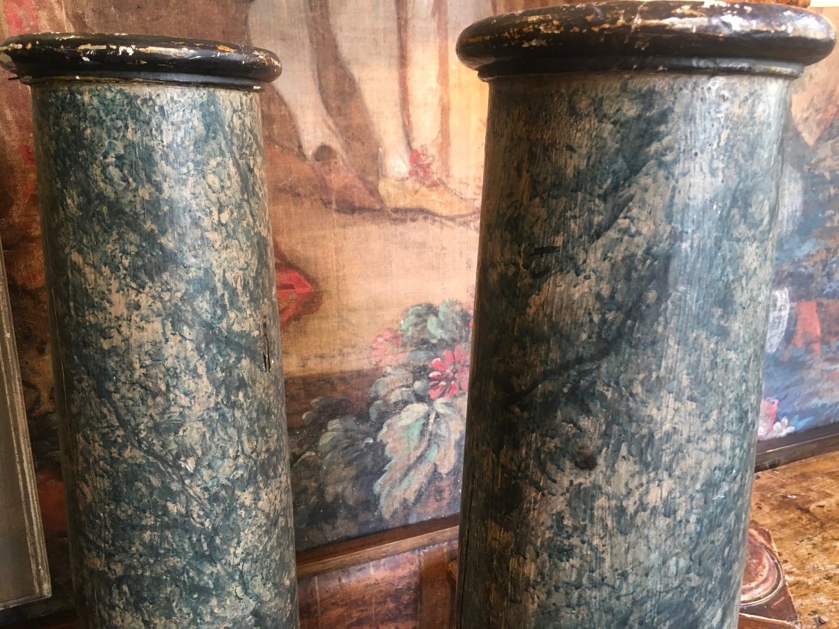 Pair Of Italian Columns In Faux-marble Wood From The 18th Century (parma Region)-photo-3