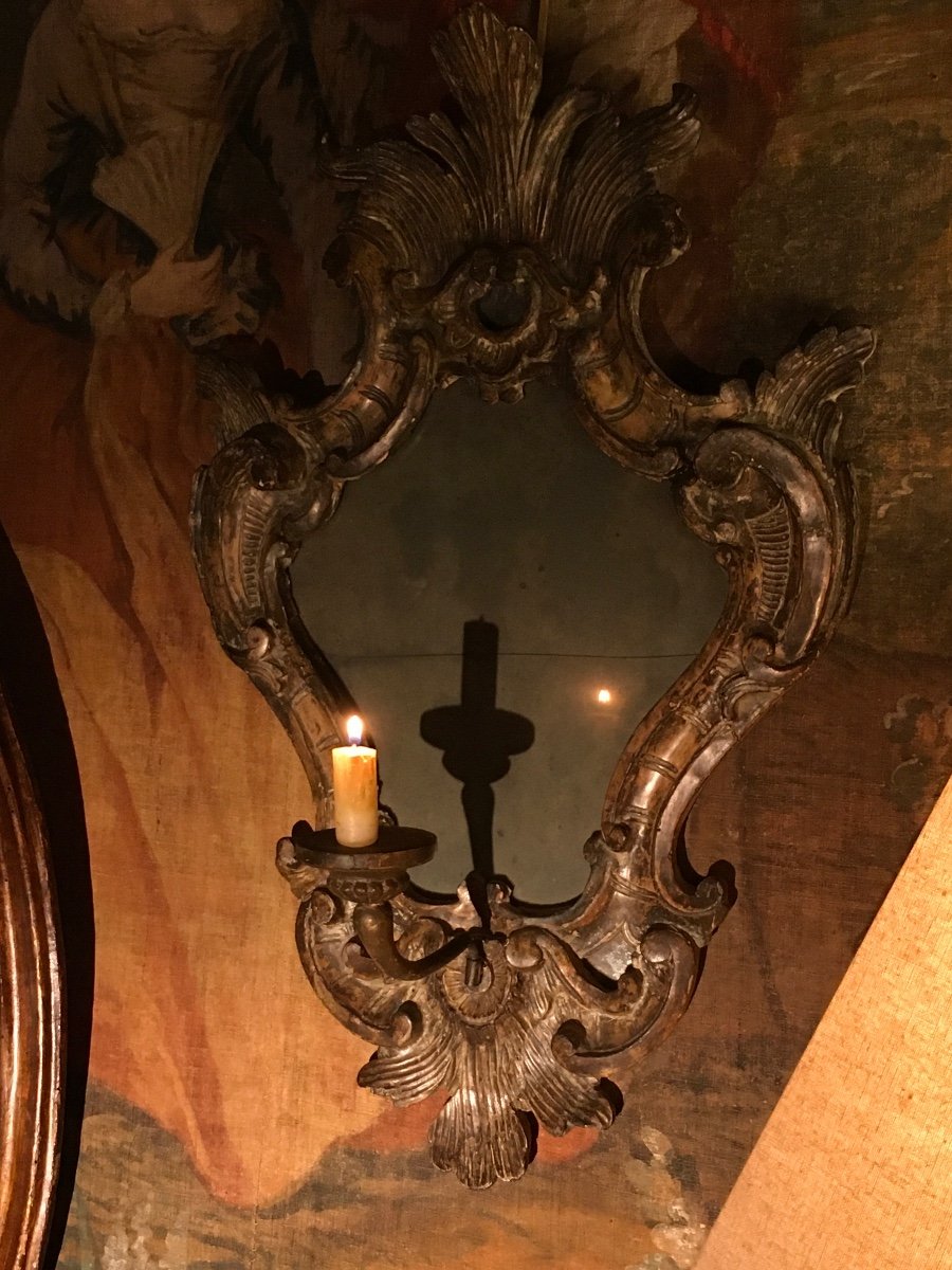 Paire De Miroirs Vénitiens En Bois Argenté D’époque Régence Avec Un Bras De Lumière -photo-4