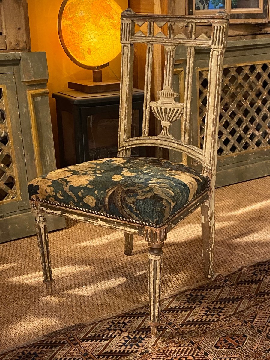 Chaise D’époque Louis XVI Peinte Recouverte D’une Tapisserie 18 ème -photo-3