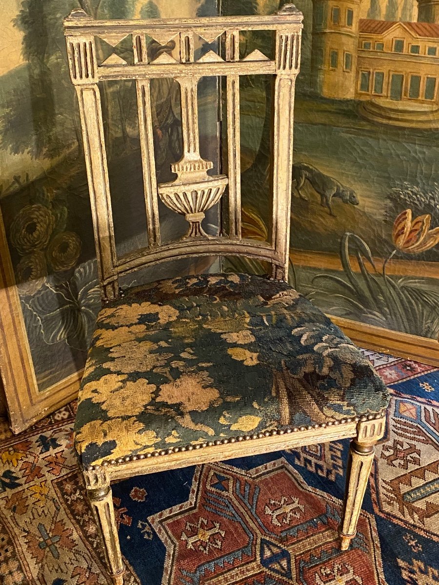 Chaise D’époque Louis XVI Peinte Recouverte D’une Tapisserie 18 ème -photo-2