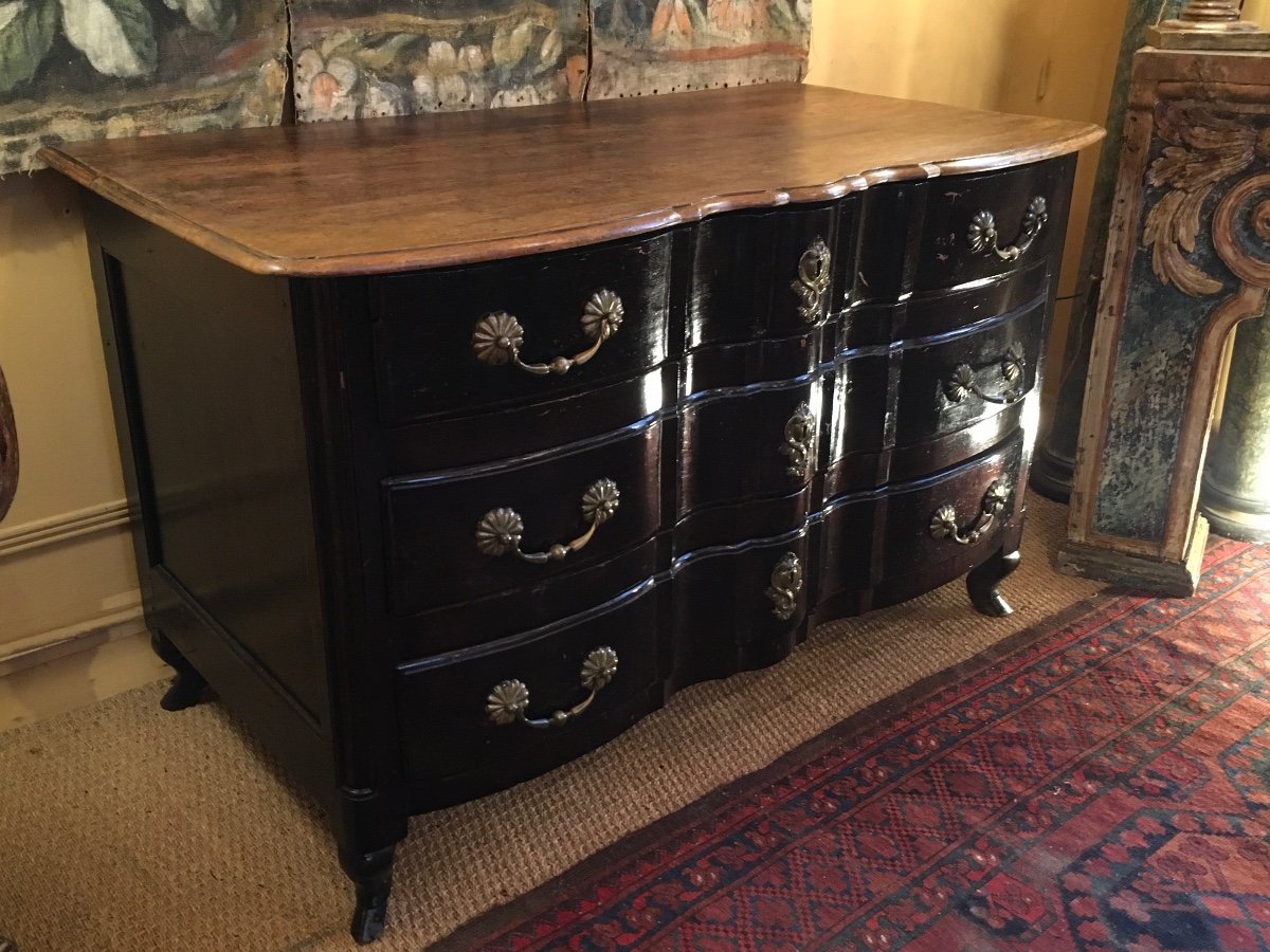 18th Century Crossbow Double Chest Of Drawers 3 Drawers In Lacquered Wood Front And Natural Wood Top 