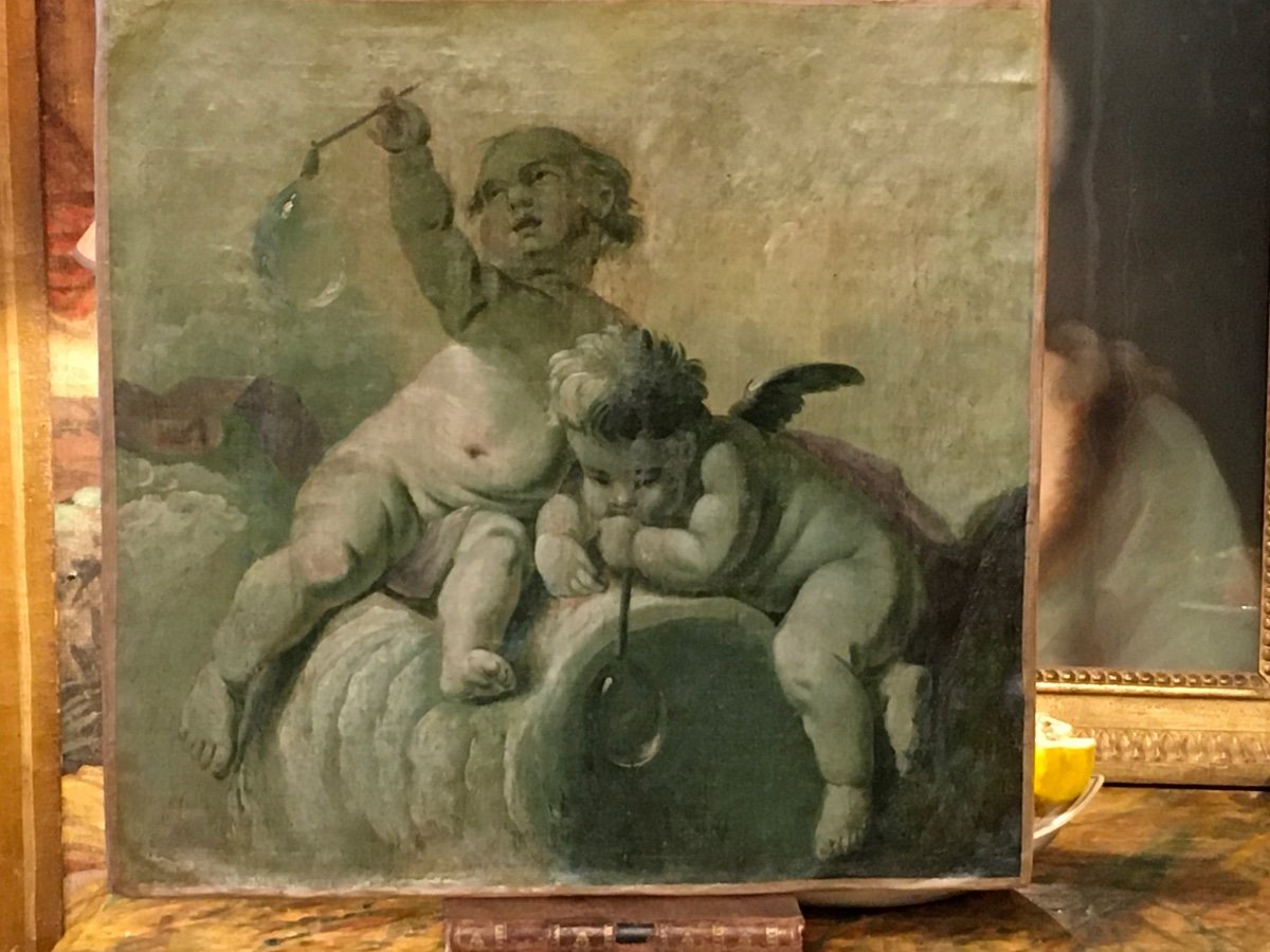 Hstoile Marouflée Sur Carton époque 18 ème ( Putti )-photo-2