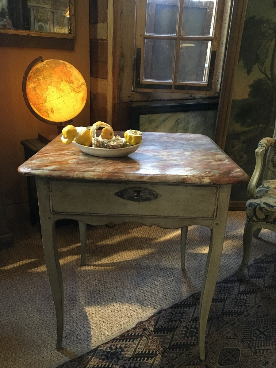 Small Painted Center Table (fx-marble Top) With A Drawer In The Belt 18th Century-photo-2