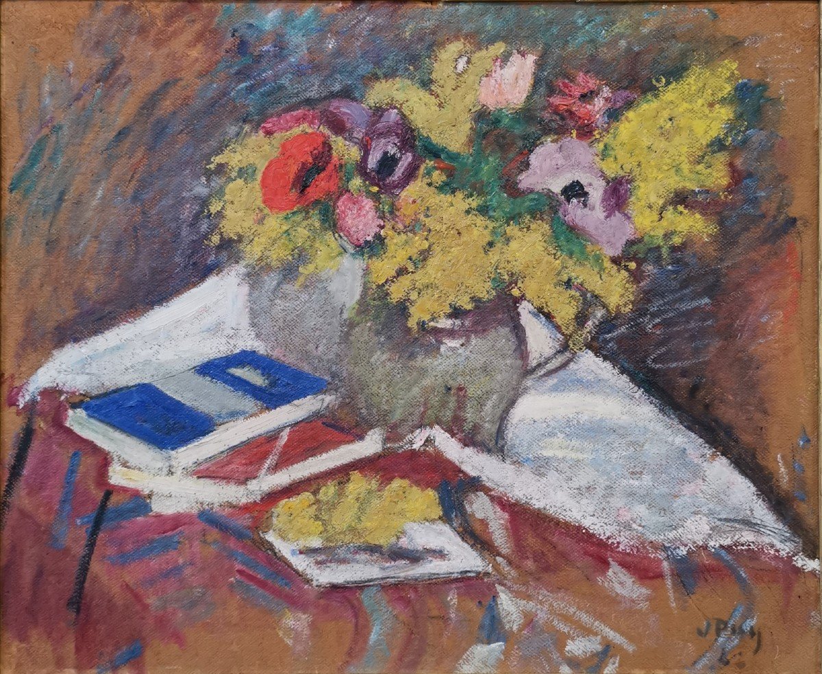 Jean Puy (1876-1960), Bouquet De Mimosas Et Livre Bleu-photo-2