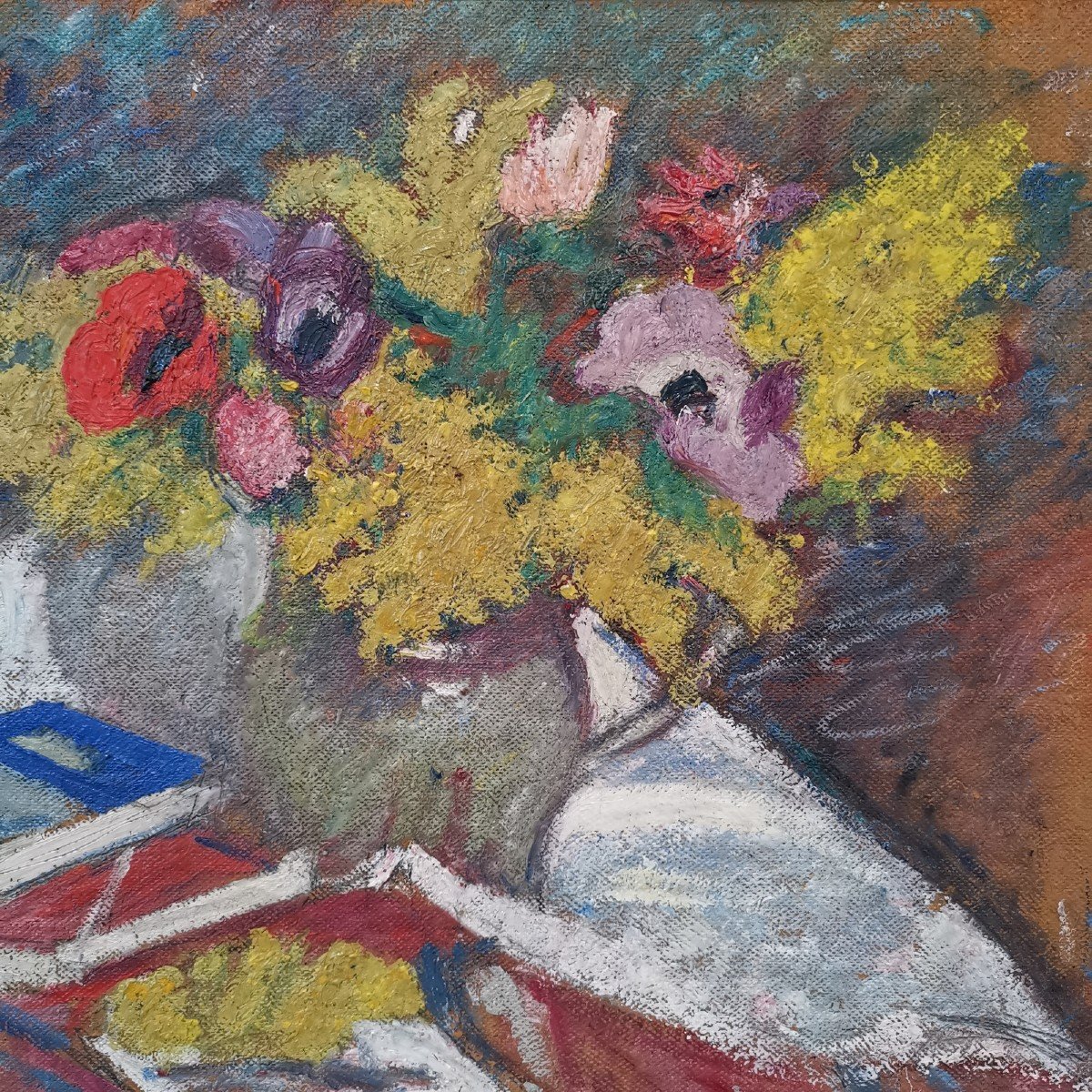 Jean Puy (1876-1960), Bouquet De Mimosas Et Livre Bleu-photo-1