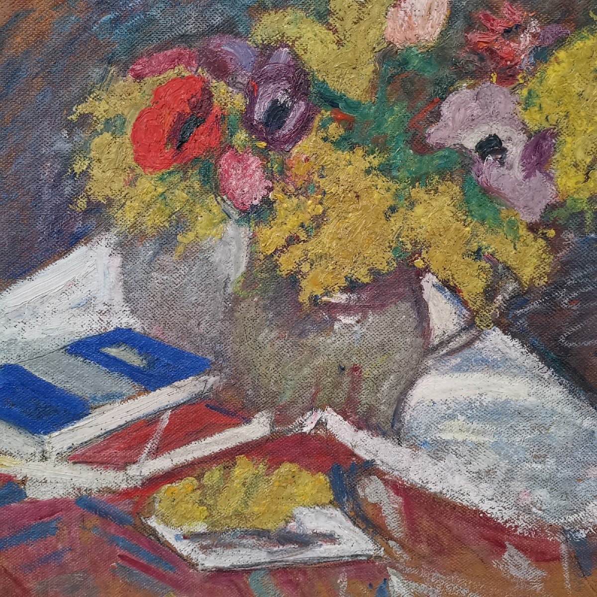 Jean Puy (1876-1960), Bouquet De Mimosas Et Livre Bleu-photo-4