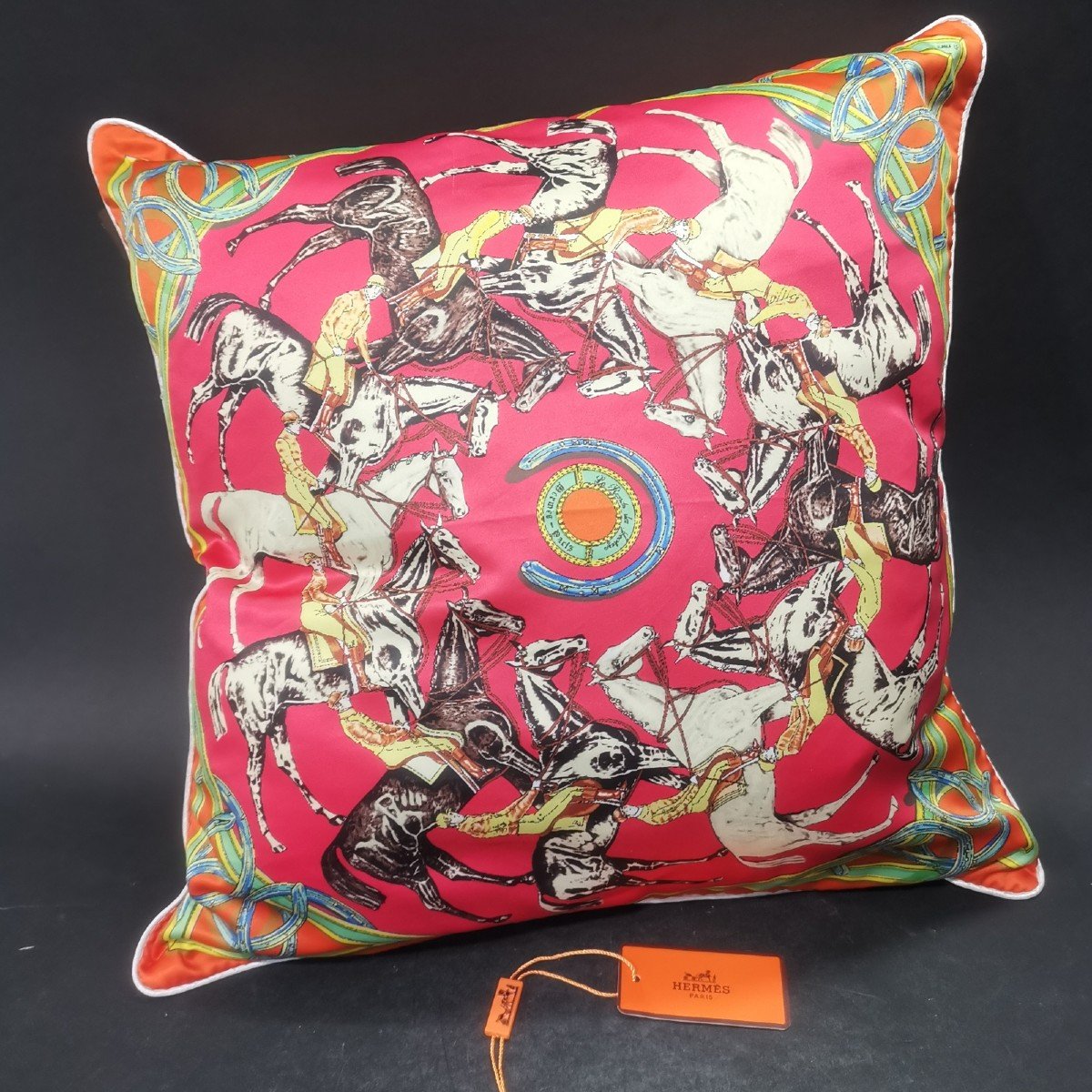 Hermès Paris, Printed Silk Cushion, "la Ronde Des Jockeys" Pattern, 48 X 48 Cm