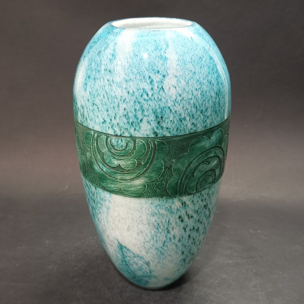 LEGRAS, Vase Art-déco En Verre Bleu Et Vert, Dégagé à L’acide-photo-4