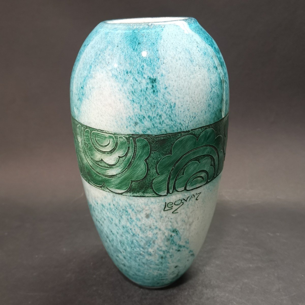 LEGRAS, Vase Art-déco En Verre Bleu Et Vert, Dégagé à L’acide