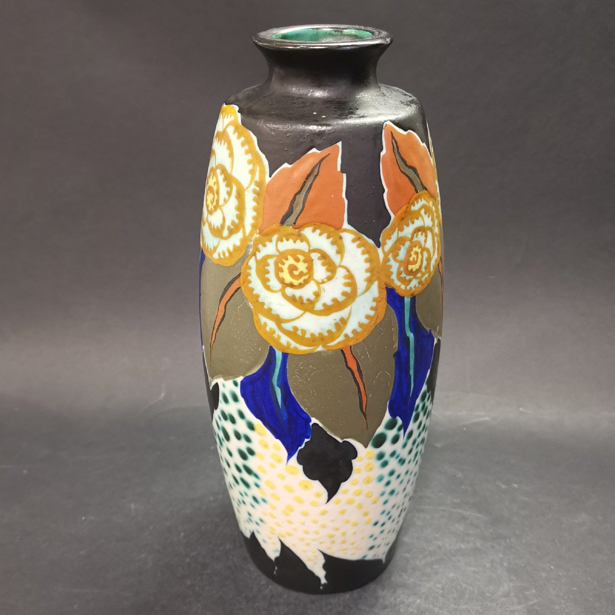 d'Argyl, Art Deco Period High Ceramic Vase With Floral Decoration-photo-2