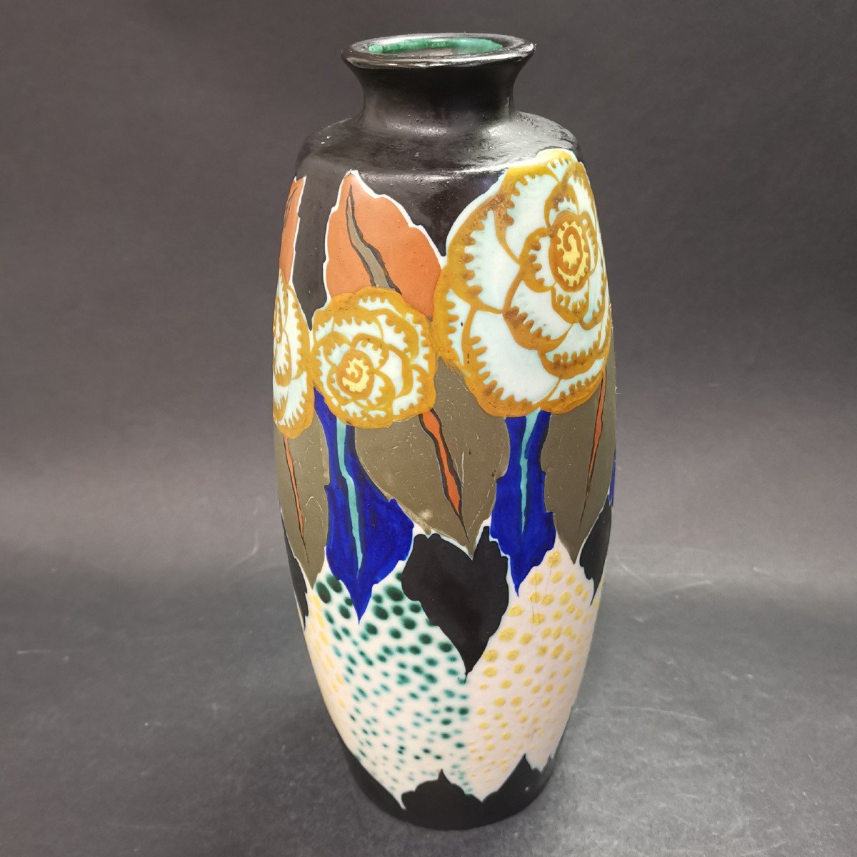 d'Argyl, Art Deco Period High Ceramic Vase With Floral Decoration-photo-3