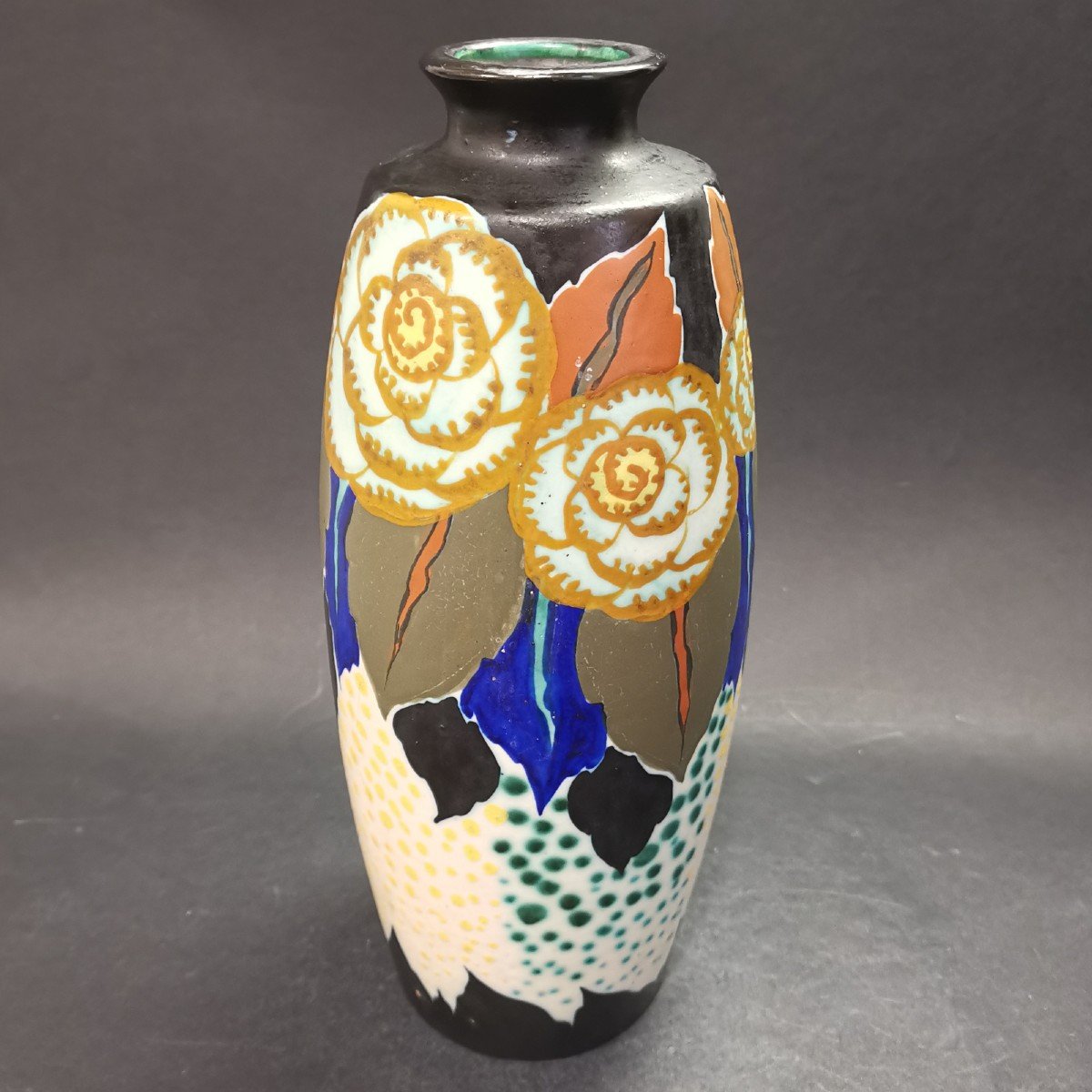 d'Argyl, Art Deco Period High Ceramic Vase With Floral Decoration-photo-4