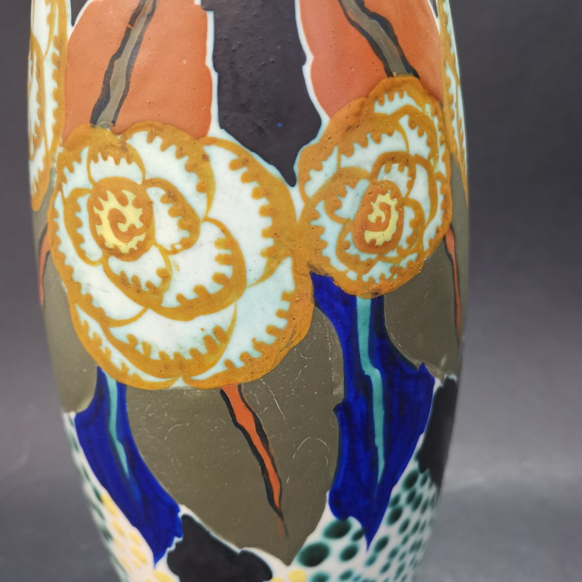 d'Argyl, Art Deco Period High Ceramic Vase With Floral Decoration-photo-5